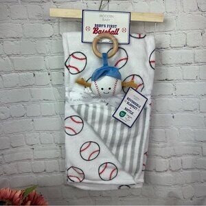 NWT Modern Baby Baseball Blanket with rattle